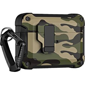 CCSmall for AirPods 3 Case Cover Camouflage with Carabiner Keychain & Secure Lock Clip, Military Armor Cover Automatic Pop-up Case for Apple AirPod 3rd Generation 2021,Camo Green