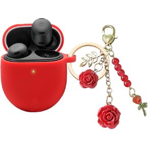 Google Pixel Buds Pro Case Cover, Red Silicone with Flowers Keychain, Women's Keychain Protective Case