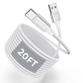 USB Type C Cable 20Ft, White Nylon Braided USB A to USB C 3A Fast Charging Charge Cord Compatible with iPhone 16 Pro Max 15 Plus Samsung Galaxy S24 S23 S22 Pixel Switch and More USB C Charger