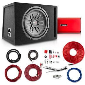 DS18 LSE-212A Car Bass Package 2xSLC-MD12 Subwoofers in a Ported Box with S-1500.1/RD Amplifier and Complete 4-GA Amp Kit, 1000 Watts - Loaded Enclosures for Universal Audio Applications