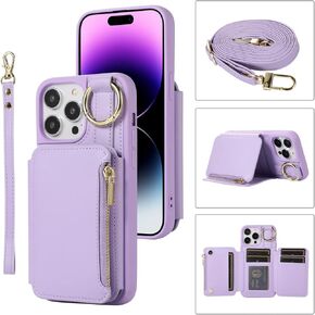 Wallet Case for iPhone 11 Pro Max 6.5 Leather Clasp Flip Zipper Purse Case with Shoulder Strap Credit Card Holder Cell Accessories Phone Cover for iPhone11 11pro Promax i XI Plus Women Purple