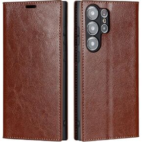 حافظة iCoverCase لهاتف Samsung Galaxy S23 Ultra مع حامل فتحات للبطاقات، تتميز بمسند من الجلد الفاخر وغطاء قابل للطي لهاتف Galaxy S23 Ultra (أحمر)