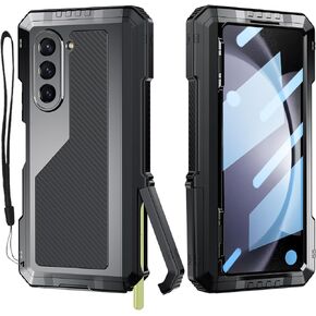 for Samsung Galaxy Z-Fold-5 Case with Fold 5 Slim S Pen Holder (2023), Metal Bumper Premium Heavy Duty Shockproof Protective, Hinge Protection, Screen Protector, Rugged Phone Cover 5G, Black