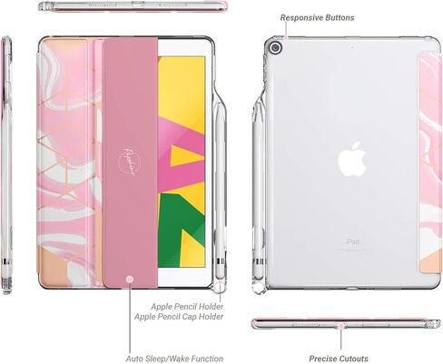 حافظة Popshine Marble Lite مصممة لجهاز iPad 10.2 الجيل التاسع (2021) / الجيل الثامن (2020) /الجيل السابع (2019)، غطاء ذكي مع حامل أقلام، مادة TPU الشفافة المرنة، حافظة رفيعة ثلاثية الطي، وردي رخامي سائل in Kuwait