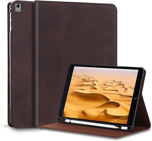 حافظة Gexmil لجهاز iPad 9.7 بوصة، الجيل السادس/الخامس (2018/2017) - iPad Air 2/1 Gen. غطاء جلد أصلي مع حامل قلم رصاص، خاصية النوم/الاستيقاظ التلقائي من جلد البقر، مضاد لبصمات الأصابع، بني مصقول in Kuwait