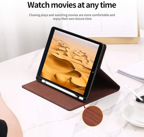 حافظة Gexmil لجهاز iPad 9.7 بوصة، الجيل السادس/الخامس (2018/2017) - iPad Air 2/1 Gen. غطاء جلد أصلي مع حامل قلم رصاص، خاصية النوم/الاستيقاظ التلقائي من جلد البقر، مضاد لبصمات الأصابع، بني مصقول in Kuwait