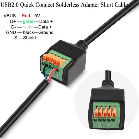 QIANRENON USB2.0 Quick Connect Solderless Adapter Short Cable USB2.0 Male to 5Pin Crimp Terminal Connector USB2.0 Spring Terminal Breakout Board Plug, 480Mbps 5V2A, for DIY/Repair USB, 30cm/11.8in in Saudi Arabia