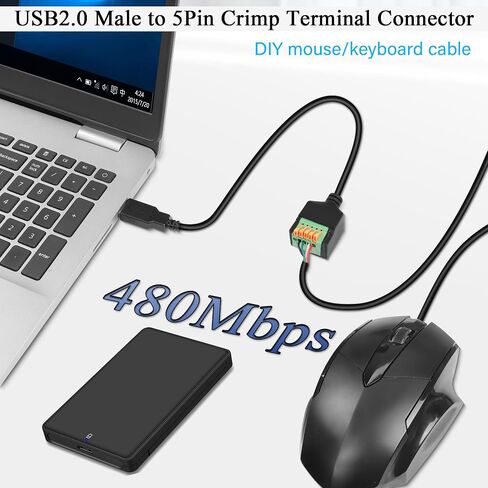 QIANRENON USB2.0 Quick Connect Solderless Adapter Short Cable USB2.0 Male to 5Pin Crimp Terminal Connector USB2.0 Spring Terminal Breakout Board Plug, 480Mbps 5V2A, for DIY/Repair USB, 30cm/11.8in in Saudi Arabia