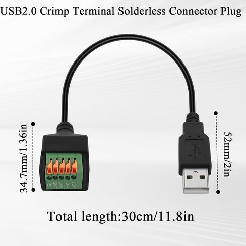 QIANRENON USB2.0 Quick Connect Solderless Adapter Short Cable USB2.0 Male to 5Pin Crimp Terminal Connector USB2.0 Spring Terminal Breakout Board Plug, 480Mbps 5V2A, for DIY/Repair USB, 30cm/11.8in in Saudi Arabia