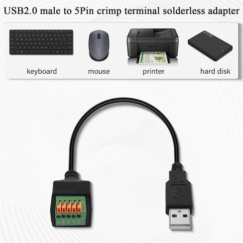 QIANRENON USB2.0 Quick Connect Solderless Adapter Short Cable USB2.0 Male to 5Pin Crimp Terminal Connector USB2.0 Spring Terminal Breakout Board Plug, 480Mbps 5V2A, for DIY/Repair USB, 30cm/11.8in in Saudi Arabia