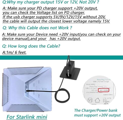 سلك طاقة USB C إلى DC 20 فولت لـ Starlink mini، مدخل USB C بطول 6 أقدام إلى DC 5.5 مم × 2.1 مم (5521) كابل طاقة الإخراج، سلك USB C إلى مقبس برميل يعمل مع بنك طاقة PD 100 وات وشاحن PD لـ Starlink Mini in Saudi Arabia