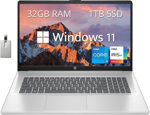 HP 17.3" Anti-Glare FHD Business Laptop, Intel Core i5-1335U, 32GB RAM, 1TB SSD, Backlit Keyboard, Numpad, Webcam, Fast Charge, Intel Iris Xe Graphics, HDMI, Silver, Win 11 Pro, 32GB USB Card in Saudi Arabia