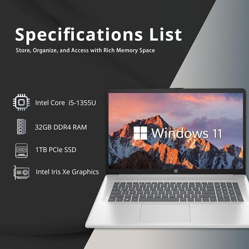 HP 17.3" Anti-Glare FHD Business Laptop, Intel Core i5-1335U, 32GB RAM, 1TB SSD, Backlit Keyboard, Numpad, Webcam, Fast Charge, Intel Iris Xe Graphics, HDMI, Silver, Win 11 Pro, 32GB USB Card in Saudi Arabia