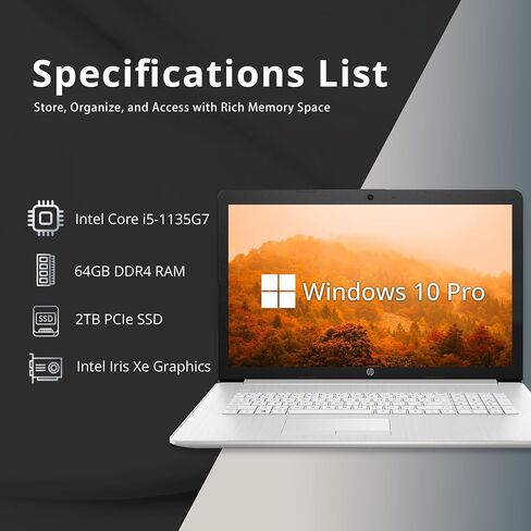 HP 17.3" Anti-Glare FHD Business Laptop, Intel Core i5-1335U, 32GB RAM, 1TB SSD, Backlit Keyboard, Numpad, Webcam, Fast Charge, Intel Iris Xe Graphics, HDMI, Silver, Win 11 Pro, 32GB USB Card in Saudi Arabia