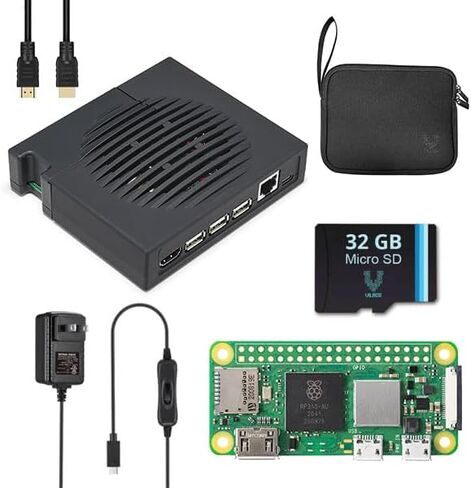 Raspberry Pi Zero W 2 - جاهز للاستخدام في حافظة Vilros Port 'n' Play - تتضمن لوحة مثبتة مسبقًا في العلبة، ومصدر طاقة، وبطاقة SD، وكابل HDMI وحقيبة تخزين من النيوبرين (أسود) in Kuwait