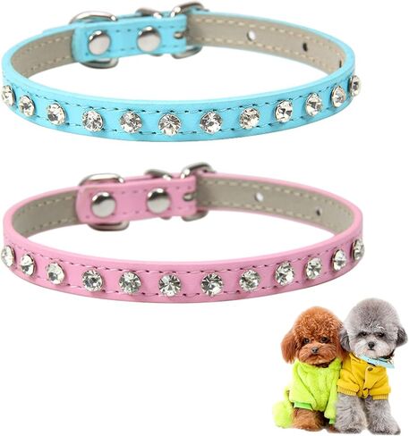 2 قطعة طوق الكلب الجرو مع الماس الكريستال، كريستال الماس القط طوق جلد الغزال الناعم هريرة جرو الياقات للحيوانات الأليفة الصغيرة والمتوسطة in Kuwait