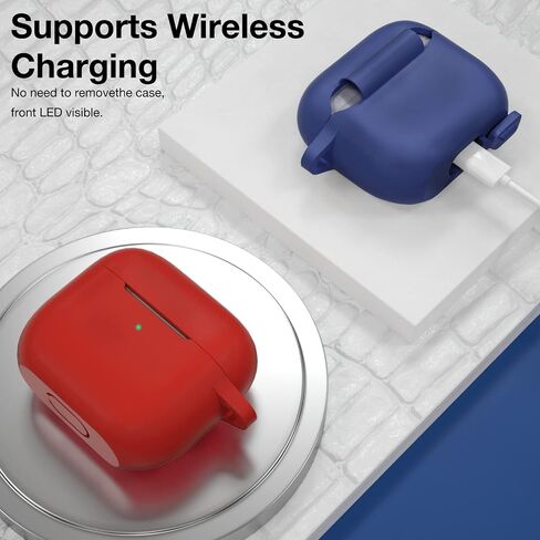 حافظة AirPods 3 مع سلسلة مفاتيح، عبوتين من غطاء الجلد الواقي الكامل وإكسسوارات حزام اليد من السيليكون للنساء والرجال والفتيات مع Apple 2021 أحدث AirPods الجيل الثالث (أزرق داكن وعنابي) in Saudi Arabia