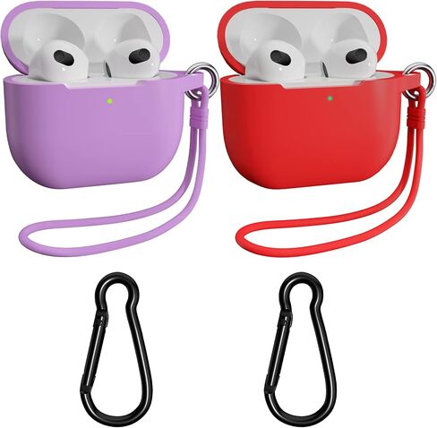 حافظة AirPods 3 مع سلسلة مفاتيح، عبوتين من غطاء الجلد الواقي الكامل وإكسسوارات حزام اليد من السيليكون للنساء والرجال والفتيات مع Apple 2021 أحدث AirPods الجيل الثالث (أزرق داكن وعنابي) in Saudi Arabia