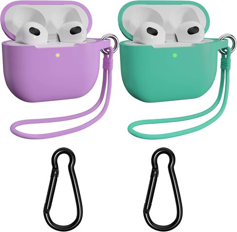 حافظة AirPods 3 مع سلسلة مفاتيح، عبوتين من غطاء الجلد الواقي الكامل وإكسسوارات حزام اليد من السيليكون للنساء والرجال والفتيات مع Apple 2021 أحدث AirPods الجيل الثالث (أزرق داكن وعنابي) in Saudi Arabia