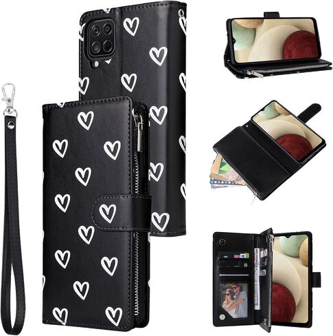 UEEBAI Wallet Case for Samsung Galaxy A12 5G, PU Leather Case Magnetic Closure Handbag Zipper Pocket Case Kickstand Card Slots with Hand Strap Marple Flip Case for Women - Black Heart in Saudi Arabia
