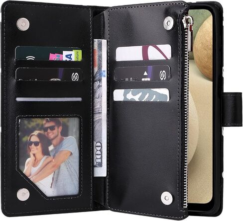 UEEBAI Wallet Case for Samsung Galaxy A12 5G, PU Leather Case Magnetic Closure Handbag Zipper Pocket Case Kickstand Card Slots with Hand Strap Marple Flip Case for Women - Black Heart in Saudi Arabia