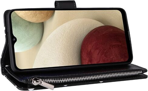 UEEBAI Wallet Case for Samsung Galaxy A12 5G, PU Leather Case Magnetic Closure Handbag Zipper Pocket Case Kickstand Card Slots with Hand Strap Marple Flip Case for Women - Black Heart in Saudi Arabia