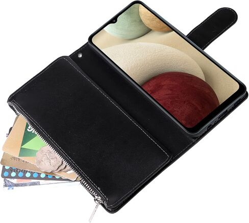 UEEBAI Wallet Case for Samsung Galaxy A12 5G, PU Leather Case Magnetic Closure Handbag Zipper Pocket Case Kickstand Card Slots with Hand Strap Marple Flip Case for Women - Black Heart in Saudi Arabia