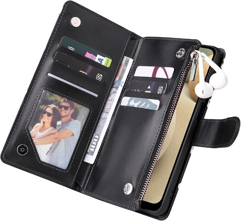 UEEBAI Wallet Case for Samsung Galaxy A12 5G, PU Leather Case Magnetic Closure Handbag Zipper Pocket Case Kickstand Card Slots with Hand Strap Marple Flip Case for Women - Black Heart in Saudi Arabia