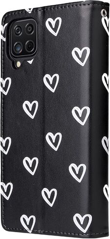 UEEBAI Wallet Case for Samsung Galaxy A12 5G, PU Leather Case Magnetic Closure Handbag Zipper Pocket Case Kickstand Card Slots with Hand Strap Marple Flip Case for Women - Black Heart in Saudi Arabia