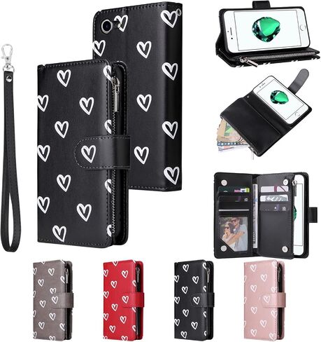 UEEBAI Wallet Case for Samsung Galaxy A12 5G, PU Leather Case Magnetic Closure Handbag Zipper Pocket Case Kickstand Card Slots with Hand Strap Marple Flip Case for Women - Black Heart in Saudi Arabia