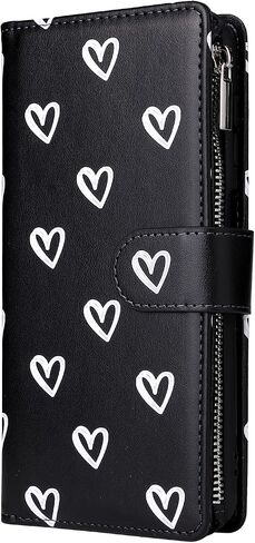 UEEBAI Wallet Case for Samsung Galaxy A12 5G, PU Leather Case Magnetic Closure Handbag Zipper Pocket Case Kickstand Card Slots with Hand Strap Marple Flip Case for Women - Black Heart in Saudi Arabia