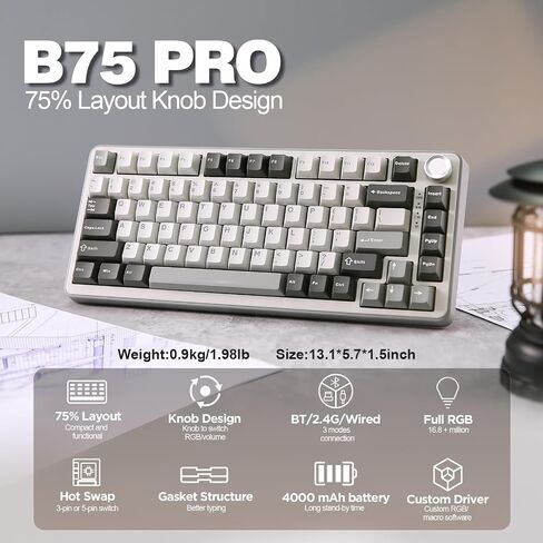 YUNZII B75 PRO لوحة مفاتيح ميكانيكية لاسلكية بنسبة 75% (أخضر ماتشا، كاكاو V2) in Kuwait