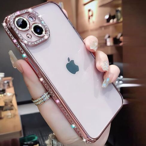حافظة شفافة لامعة لهاتف iPhone 15، حافظة فاخرة من حجر الراين الماسي اللامع مع واقي للكاميرا، حافظة لطيفة وناعمة من مادة TPU للنساء والفتيات لهاتف iPhone 15 6.1 بوصة (وردي) in Saudi Arabia