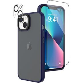 Matte Compatible with iPhone 13 Case with Screen Protector, Full Body Shockproof Case with Camera Protector Translucent Matte Protective Slim Phone Case Cover 6.1 inch, Blue