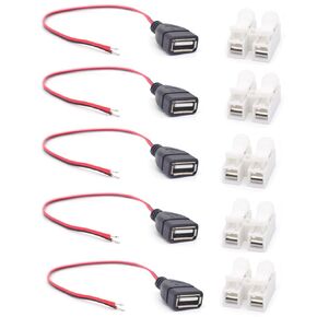 20AWG 5PCS USB Female Pigtail 2 Wire 12V 5A Cable,0.3M/1FT Upgrade Red & Black USB 2.0 Female Plug 2 Pin Bare Wire Extension Power USB Connectors with Quick Wire Cable Connector