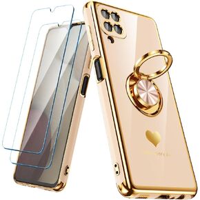 for Samsung Galaxy A12 Case with 2 Pack Screen Protector, 360° Rotatable Ring Holder [Luxury Hearts Pattern] Plating Gold Edge Slim Soft Phone Cover Case for Galaxy A12 - Purple