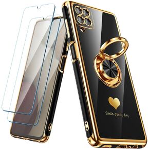 for Samsung Galaxy A12 Case with 2 Pack Screen Protector, 360° Rotatable Ring Holder [Luxury Hearts Pattern] Plating Gold Edge Slim Soft Phone Cover Case for Galaxy A12 - Purple