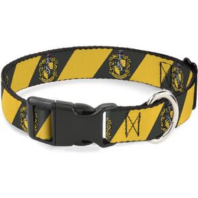 Buckle-Down Dog Collar Plastic Clip Hufflepuff Crest Diagonal Stripe Charcoal Gray/Yellow 16 to 23 Inches 1.5 Inch Wide