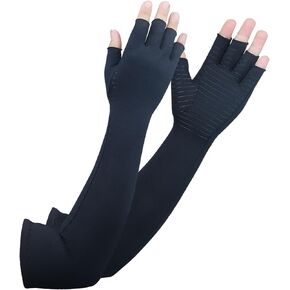 Long Arthritis Compression Gloves for Women Men, Copper Gloves for Joint Pain Relief, Swelling, RSI, Fingerless Carpal Tunnel Glove for Work, Computer Typing, Support Hands, Wrist and Arms (Medium)