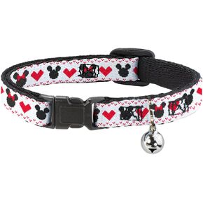 Buckle-Down Disney Cat Collar, Breakaway Collar with Bell, Disney Holiday Mickey and Minnie Mouse Heart Sweater Stitch, 8.5 to 12 Inches 0.5 Inch Wide