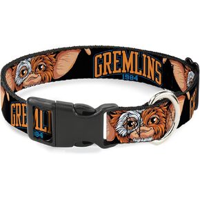Warner Bros. Horror Movies Pet Collar, Dog Collar Plastic Buckle, Gremlins 1984 Gizmo Face Close Up Black, 15 to 24 Inches 1.0 Inch Wide