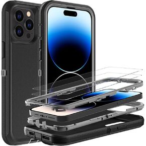 for iPhone 14 Pro Max Case, Military Grade 3 in 1 Heavy Duty Shockproof/Drop Proof/Dust Proof Case with 2Pcs Tempered Glass Screen Protector (Black/Grey)