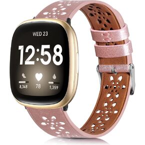 Soft Lace Leather Band Compatible with Fit bit Versa 4/ Versa 3 / Sense 2 / Sense Bands Women Men, Breathable Slim Hollow-out Sports Smart Replacement Band for Fit bit Versa 4 Smart Watch