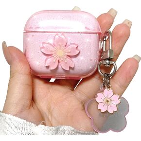 Compatible with Airpods 3 Case,Cute Flower Cherry Soft Clear TPU Cover with Lovely Floral Keychain Design for Women Girls,Shockproof Protective Cover Case for AirPods 3rd Generation