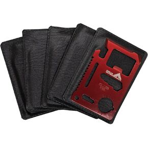 (5 Pack, Red) Ninja Outdoorsman 11 in 1 Stainless Steel Credit Card Pocket Sized Survival Multi Functional Tool - Stocking Stuffers, Christmas Gifts Under 10 Dollars