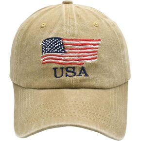 Embroidered American Flag hat USA Baseball Cap USA Trucker hat for Men Women Teens Patriotic dad hat America hat (Khaki)