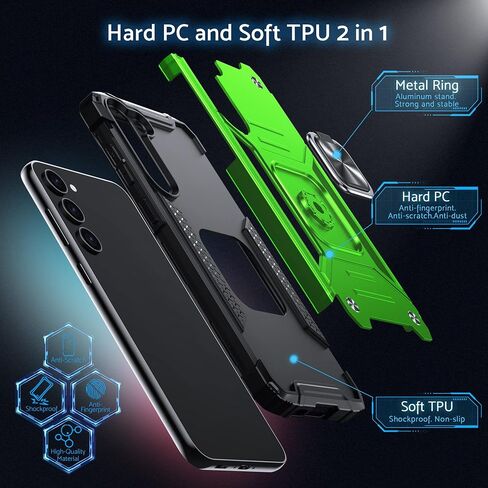 حافظة DASFOND Galaxy S23، غطاء هاتف واقٍ مقاوم للصدمات من الدرجة العسكرية مع مسند حلقة معدنية معززة [يدعم حامل مغناطيسي] متوافق مع هاتف Samsung Galaxy S23، أخضر عشبي in Kuwait