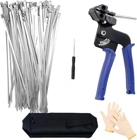 Metal Tie Wrap Gun Kit,Metal Zip Ties Tool, Stainless Steel Cable Tie Gun, Duty Outdoor Adjustable Fastening Cutting Tie Tool with 100pcs 4.6 * 300mm Self-Locking Metal Zip Ties in Saudi Arabia