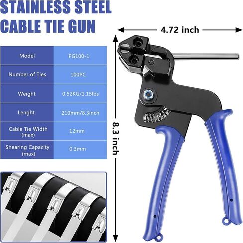 Metal Tie Wrap Gun Kit,Metal Zip Ties Tool, Stainless Steel Cable Tie Gun, Duty Outdoor Adjustable Fastening Cutting Tie Tool with 100pcs 4.6 * 300mm Self-Locking Metal Zip Ties in Saudi Arabia