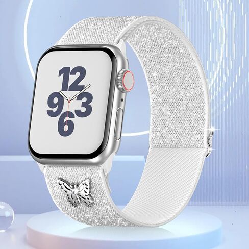 سوار من النايلون مع ديكور ساحر متوافق مع سوار ساعة Apple مقاس 38 مم 40 مم 41 مم للنساء، أساور معصم بحلقة منفردة مضفرة قابلة للتعديل مع فراشة ألماس لامعة لساعة iWatch 1 2 3 4 5 6 7 8 SE in Kuwait